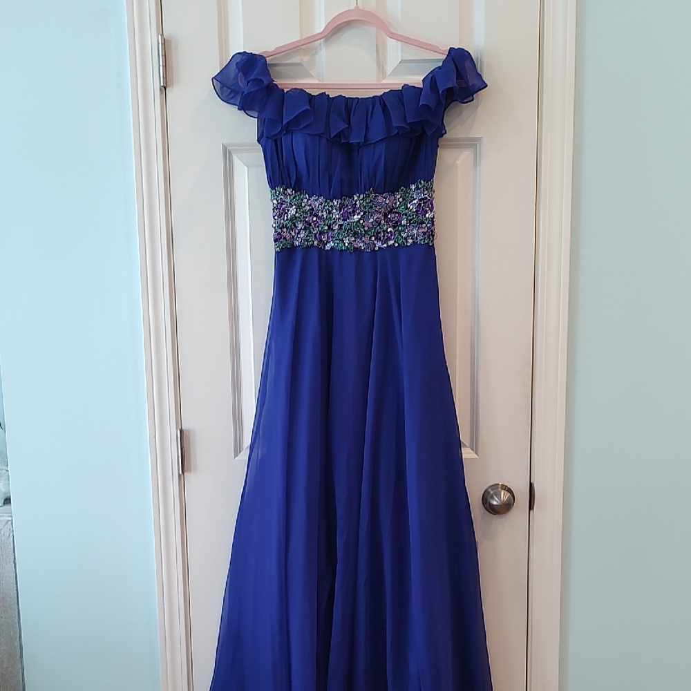 Rachel Allan Royal Blue Women's Dress with Floral Accents